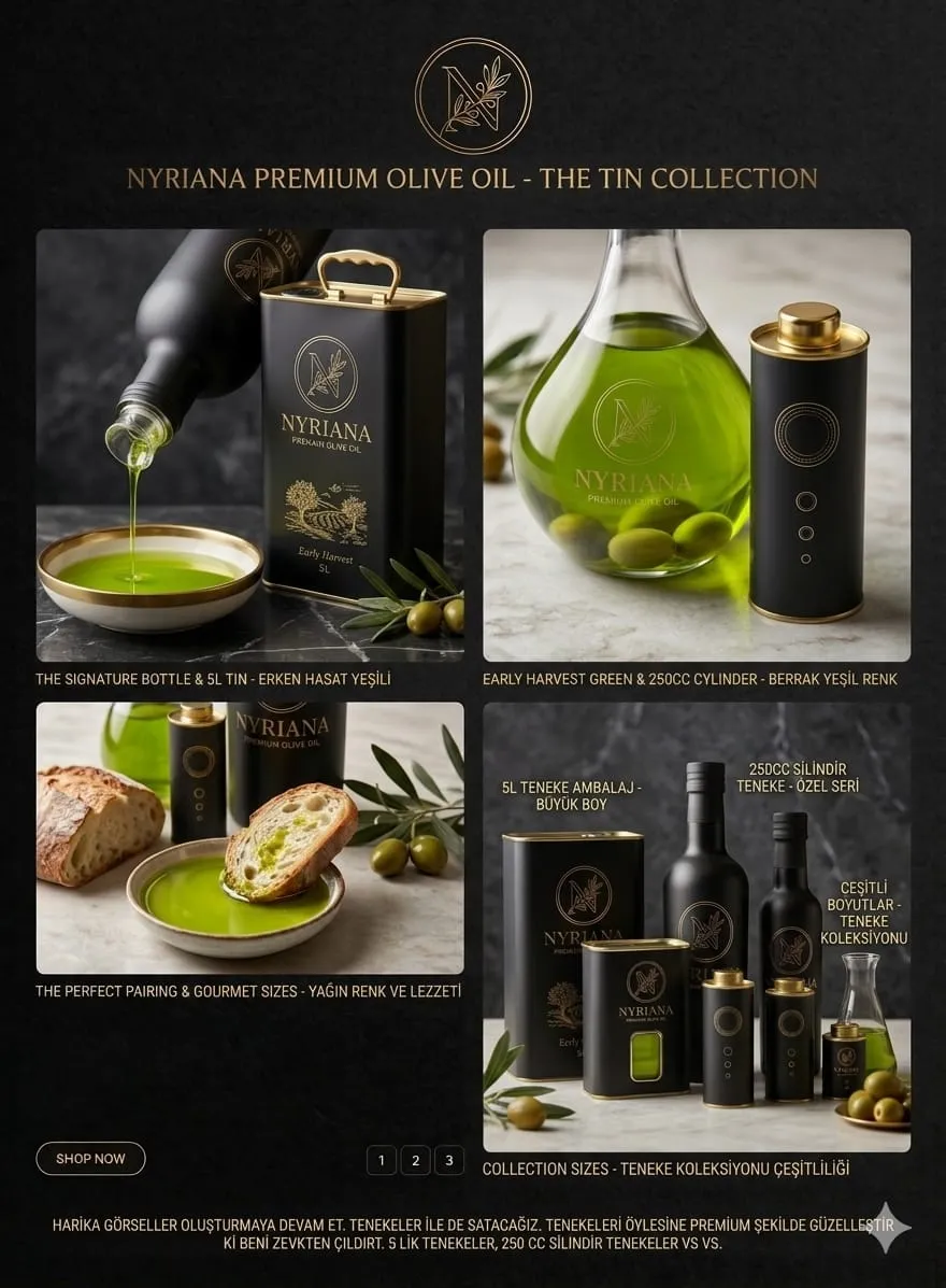 Nyriana premium zeytinyağı teneke koleksiyonu, siyah teneke ve şişeden akan yeşil zeytinyağı