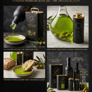 Nyriana premium zeytinyağı teneke koleksiyonu, siyah teneke ve şişeden akan yeşil zeytinyağı